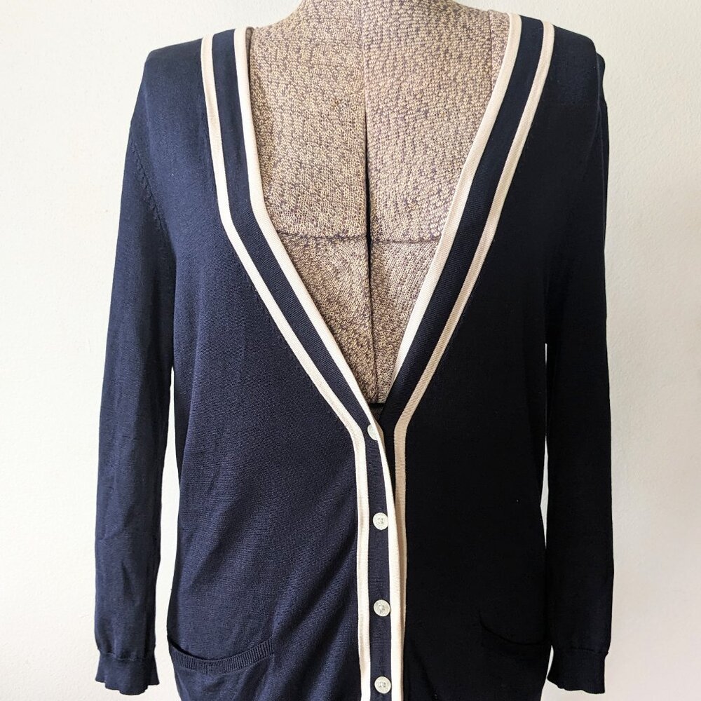 Ralph Lauren Navy Silk Cardigan Sweater – Preppy Deep V-Neck Button Front